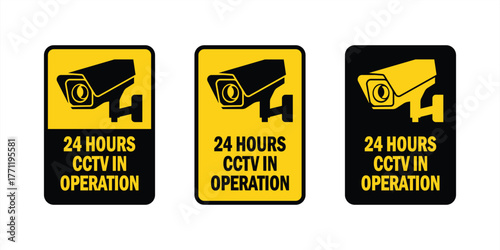 Security Camera or cctv sign, logo, badge, icon, sticker, label, emblem, stamp, symbol, black, line, flat vector, isolated illustration. Security Camera or cctv for street, home and building concept.