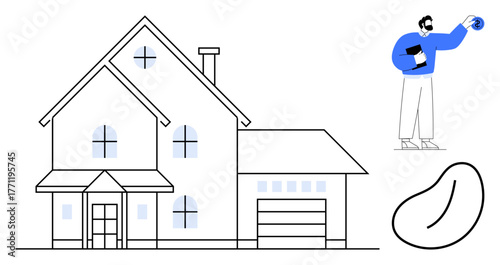 Architect sketching residential home design with garage and modern details. Ideal for architecture, engineering, construction, home building, real estate, planning, and innovation. Simple flat