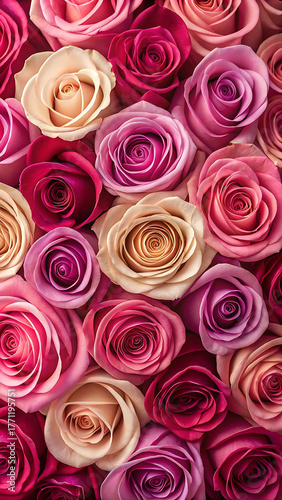 “Rose Bloom Texture – Densely Packed Arrangement of Pink, Red, Cream & Purple Roses in Full Bloom for Floral, Wedding & Romantic Design”
