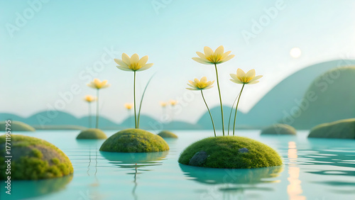 “Surreal Floral Water Landscape – Moss-Covered Mounds with Yellow Flowers Emerging from Reflective Water under Sunrise Sky & Distant Hills for Fantasy, Eco & Tranquility Design”
