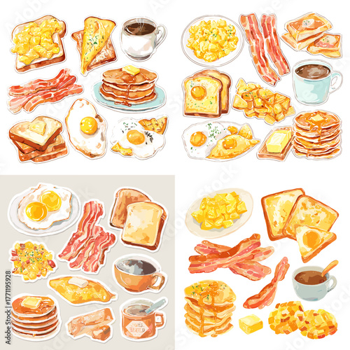 Watercolor breakfast set with eggs, bacon, pancakes, toast, and coffee. Cozy morning meal illustration perfect for menu design, cafe branding, or kitchen art.