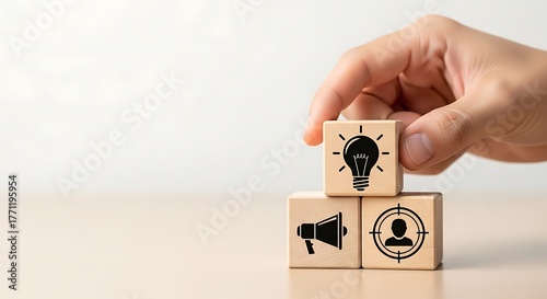 Blocks Stacked with Business Icons, Idea Generation and Marketing