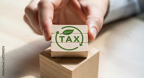 Green Tax Concept Hand Holding Eco-Friendly Tax Wood Block with Leaf