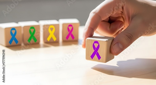 Awareness Ribbons on Wooden Blocks Cancer Support and Hope
