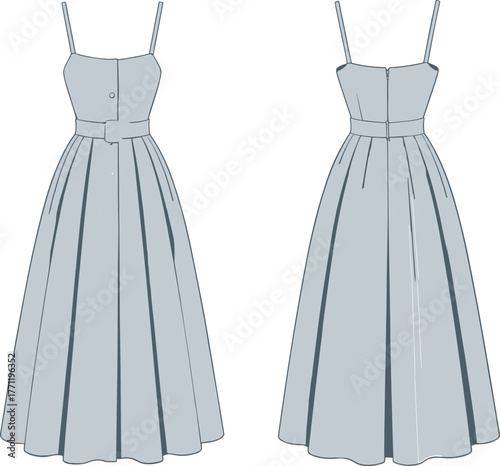 Sleeveless pleated dress fashion sketch, button front vector illustration, cad drawing, garment construction detail, front back view apparel design