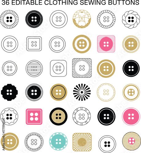Editable sewing button collection, fashion design elements, colorful button set, clothing accessories, digital craft icons, isolated styles, textile embellishments