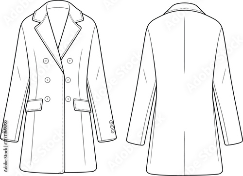 Double breasted coat, fashion technical sketch, women's outerwear design, front and back view, tailored coat vector, cad drawing flat vector illustration