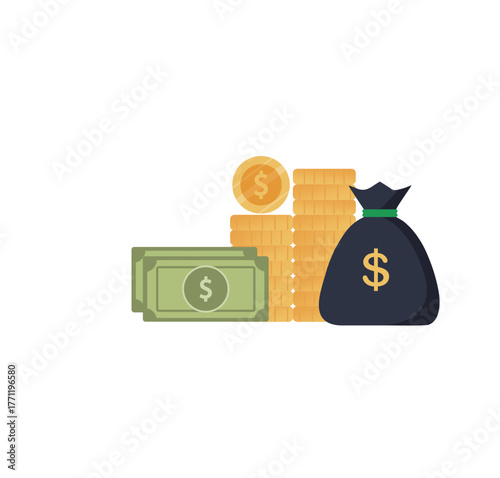 money bag with coin and dollar illustration on white background