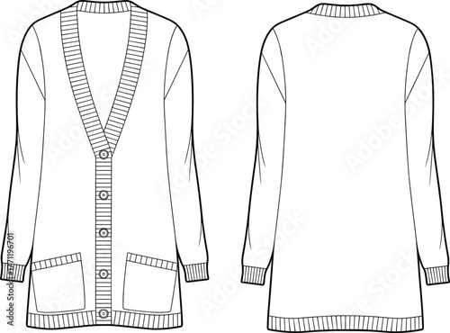 Long cardigan sweater sketch, front and back view, V-neck button closure, patch pockets, ribbed trim, fashion template, garment detail, vector illustration