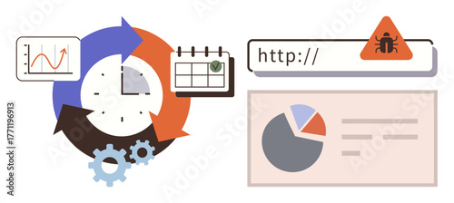 Clock with circular arrows, bar graph, calendar, pie chart, and malware warning in URL bar. Ideal for data analysis, time tracking, cybersecurity, workflow management planning productivity