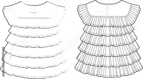 Ruffled blouse fashion sketch, front and back view, layered design, sleeveless top, round neckline, garment detail, vector template, apparel illustration
