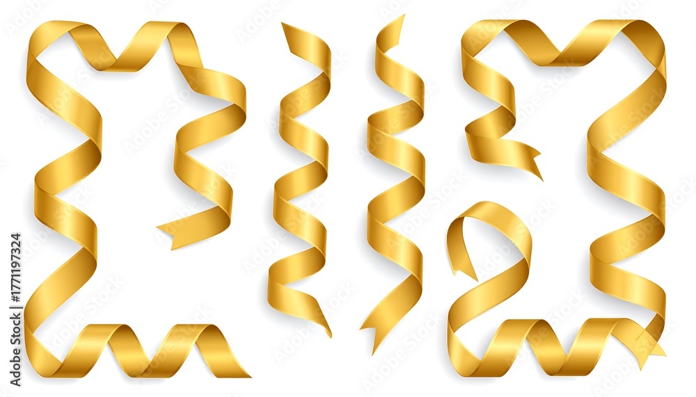 Fototapeta premium Assortment of golden-yellow ribbons in varying shapes and forms, isolated on white