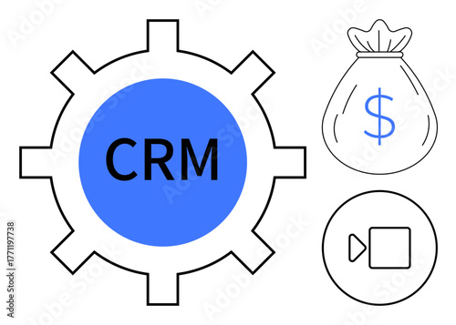 Gear with CRM text symbolizing system operations, moneybag highlighting financial growth, and video icon for communication. Ideal for business management, organization, customer service, automation