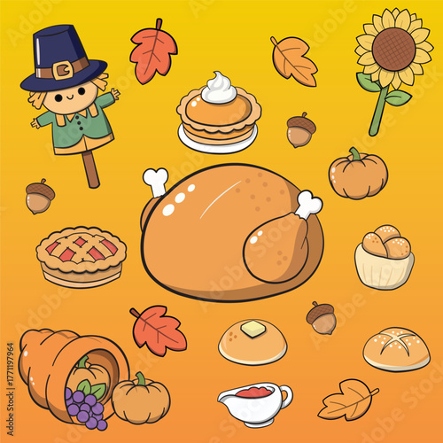 A vibrant bundle of cute autumn clip art featuring all the essential elements of the Thanksgiving celebration. Ready-to-use EPS vector for maximum versatility.
