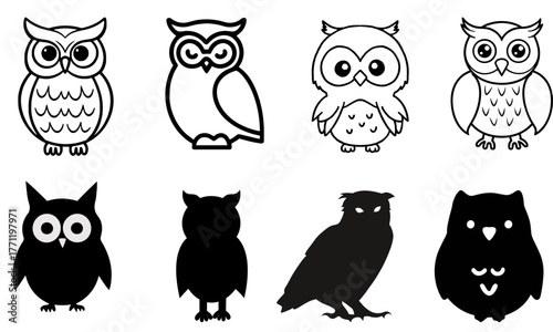 Cute Owl Sketch and Black Owl Silhouette – Artistic Minimal Nocturnal Bird Design