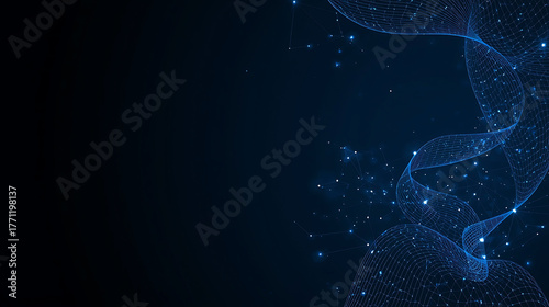 Abstract blue network with flowing lines and sparkling dots in a dark space
