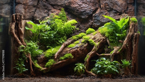 Naturalistic terrarium with lush greenery, wood, and a simulated rock wall