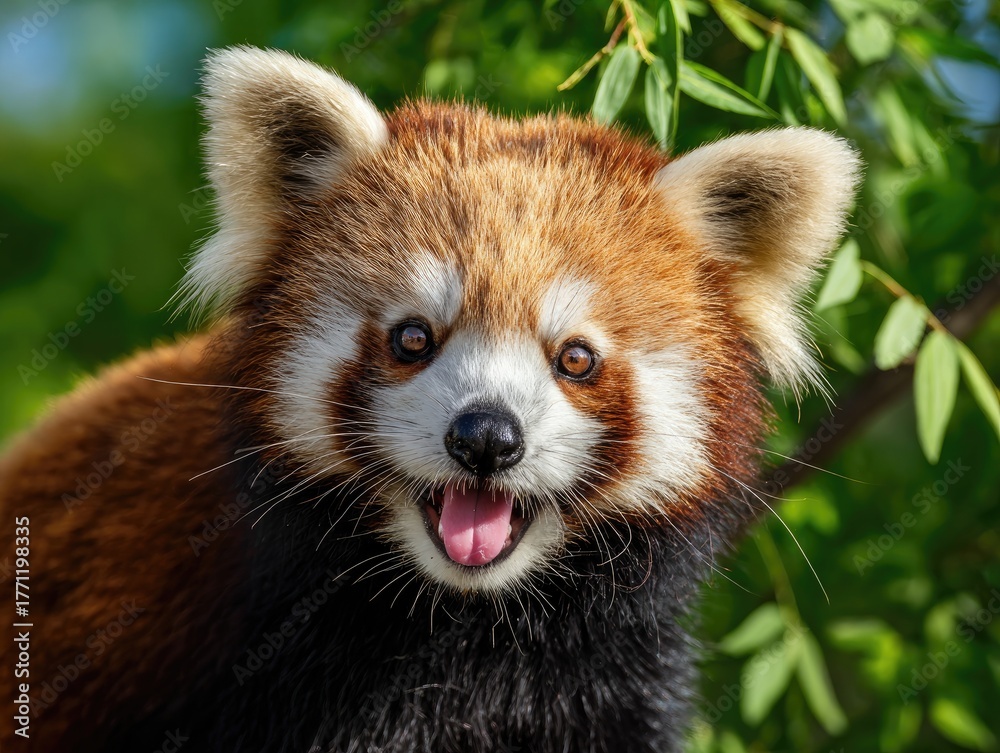 Naklejka premium A vibrant portrait of a red panda with a happy expression, framed by lush green foliage
