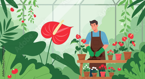 Illustration depicting a gardener nurturing plants in a lush greenhouse environment