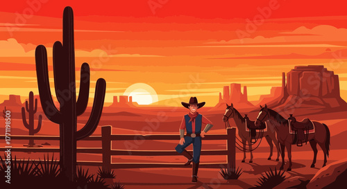 A lone cowboy pauses at sunset within a vast, arid desert landscape