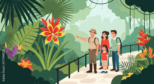 Family explores vibrant flora in a lush tropical botanical garden setting