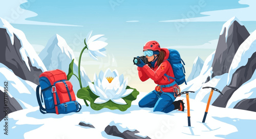 Adventurous mountaineer capturing a rare lotus blossom in the snowy heights