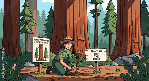 Conservation effort illustrated: Park ranger planting trees for future sequoias