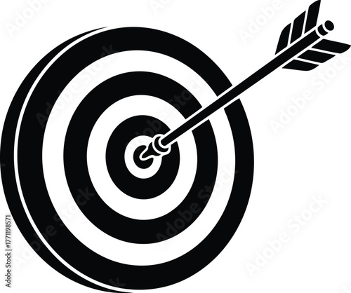 Black and white archery target with arrow hitting bullseye 1