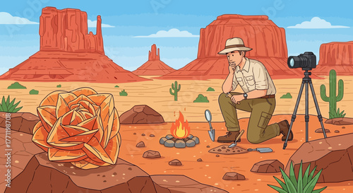 Cartoon Desert Landscape with a Geologist Examining a Desert Rose Formation