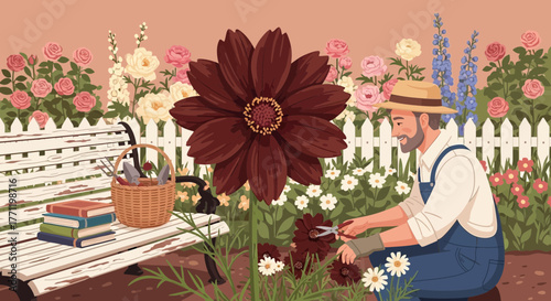 A serene gardener cultivates his colorful bloom-filled sanctuary with mindful pruning