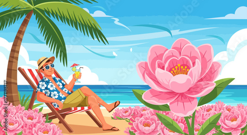 Vibrant seaside escape, with a tropical twist and surreal floral serenity