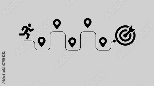 Black runner icon on a winding path with location pins on a gray background running person, Journey to the goal , business planning concept. Touching a glowing target icon on a connected path with mil