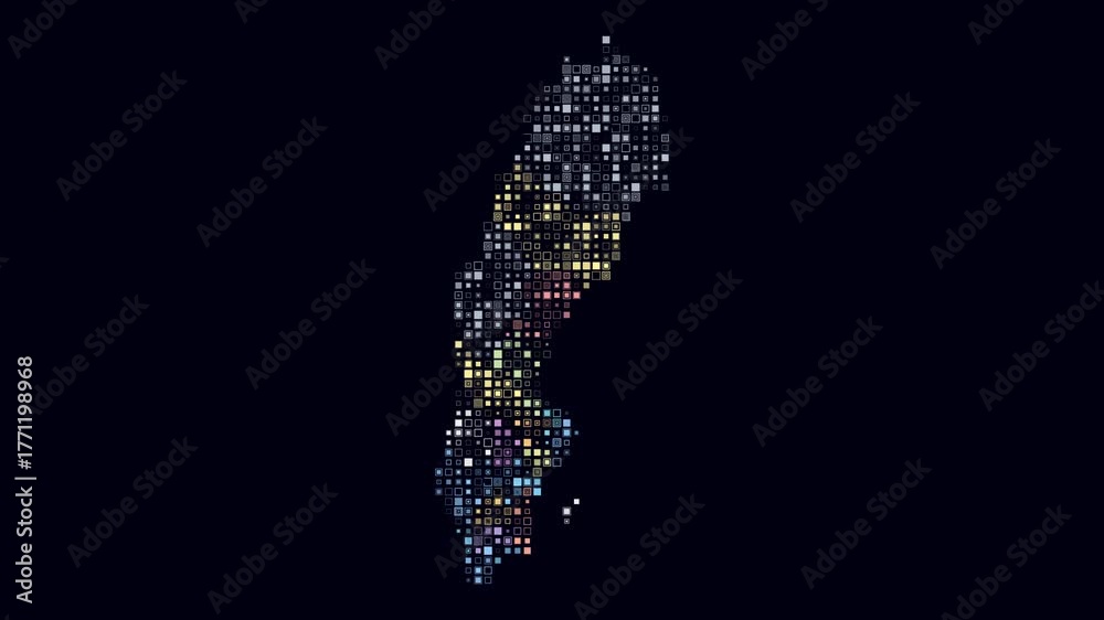 Sweden animation. Shape of the country with pulsating colored dots. Small size square blocks. Digital style map on dark background. Amazing video.
