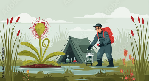 Scientist Studying Sundew Plant in Natural Habitat with Field Research Equipment