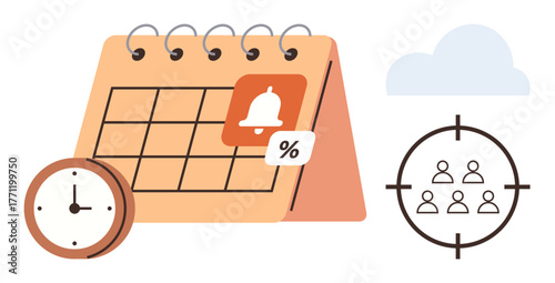 Calendar page with reminder bell and percentage, analog clock, target on a group icon, and a cloud. Ideal for planning, scheduling, deadlines, goals organization time management events. Simple