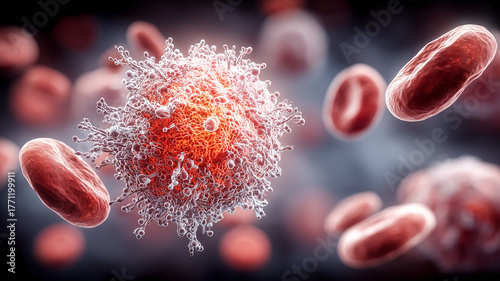 Cancer cell circulating among blood cells, illustrating tumor invasion into the bloodstream and the challenges of detection and treatment.

