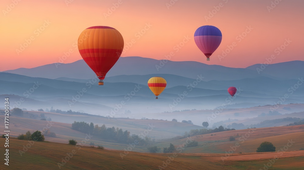 Naklejka premium Hot air balloons drifting gracefully over a serene landscape at sunrise, showcasing vibrant colors against a soft pastel sky and rolling hills in the background.