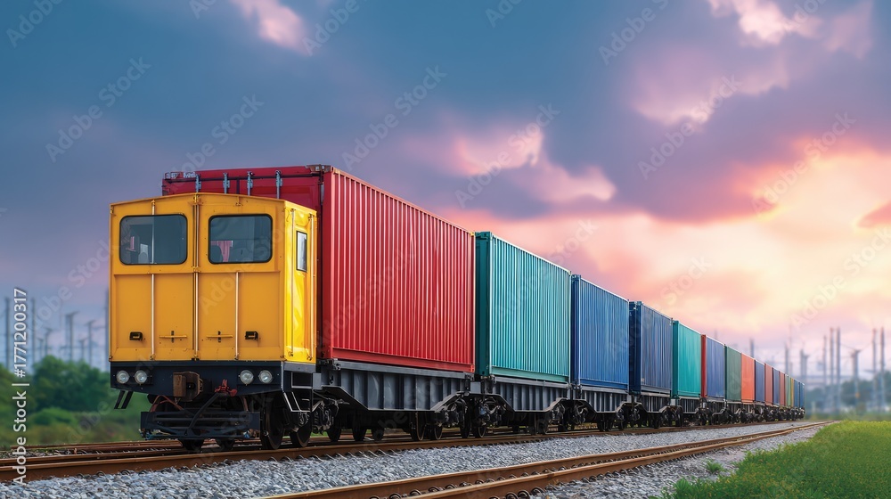 Fototapeta premium Colorful Freight Train Moving Along Rails at Sunset with Dramatic Sky and Power Lines in the Background, Symbolizing Transportation and Cargo Shipping