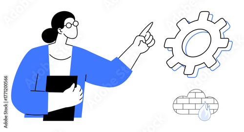 Woman holding a tablet and pointing at a gear symbol with nearby cloud and firewall elements. Ideal for technology, innovation, IT security, cloud storage, development, teamwork, strategy. Simple