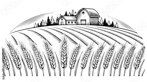 Serene rural landscape featuring a charming barn and wheat field, perfect for illustrating agriculture, farming, and countryside themes with a touch of rustic charm