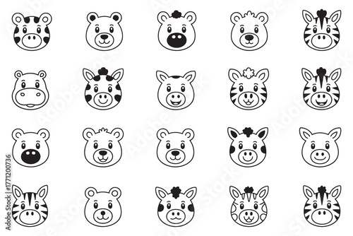Collection of twenty different hand drawn cartoon animal faces including a cow giraffe bear pig and zebra in a grid pattern