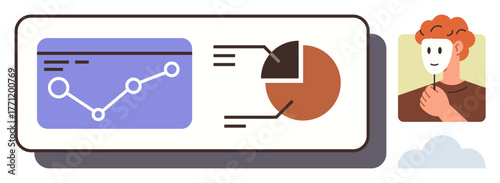 Analytics panel with a line chart and pie chart, paired with a person holding a mask. Ideal for concepts thumbs up data analysis, identity, privacy, decision-making, statistics, communication, simple