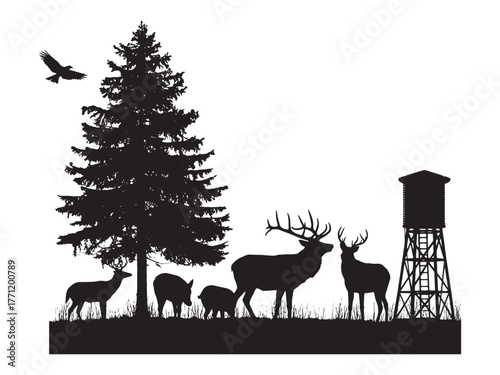 Silhouette of a majestic elk herd grazing in a forest clearing with a pine tree and water tower under a flying bird