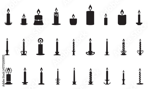 Collection of various black silhouette candle designs with flickering flames on a white background representing celebration and illumination