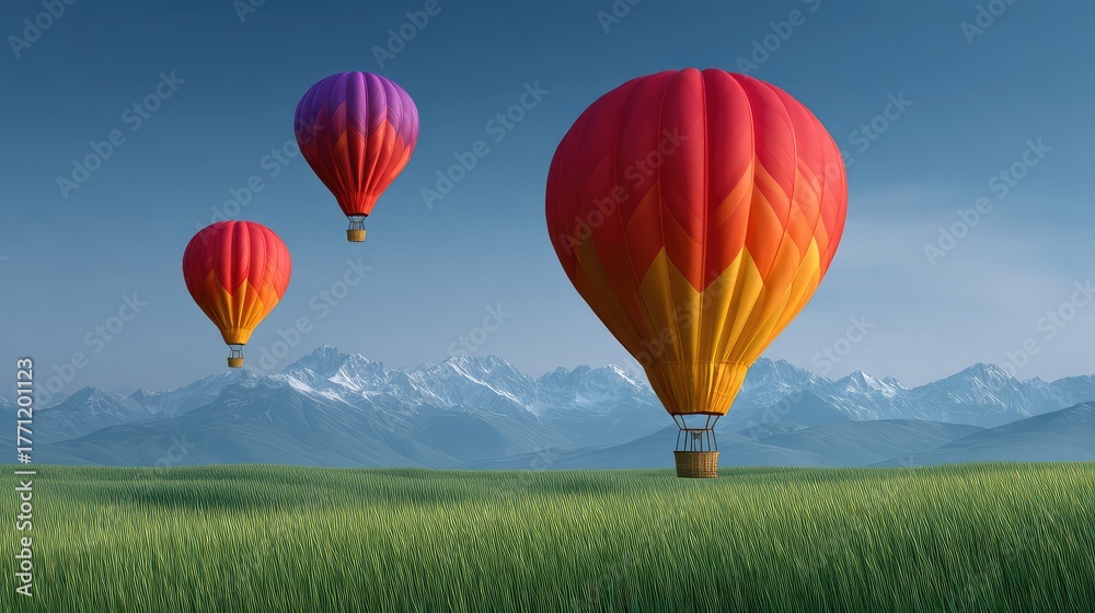 Naklejka premium Colorful hot air balloons gracefully soaring over lush green fields with majestic mountains in the background under a clear blue sky during a sunny day