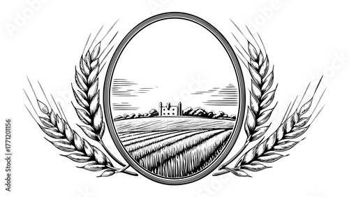 Elegant vintage wheat field illustration framing a rustic farmhouse, perfect for organic food branding, farm-to-table advertising, or agricultural designs