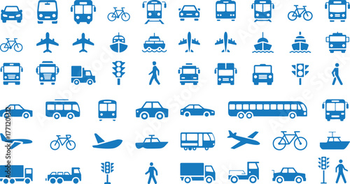 Transportation Icon Set, Vehicle Vector Icons, Travel and Logistics Symbols, Public Transit Glyphs, Car Train Bus Bicycle Boat Airplane Silhouettes