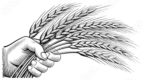 Hand holding ripe wheat ears, harvest bounty, agricultural abundance, symbol of prosperity, farm fresh grains, rustic charm, bakery ingredient, natural food
