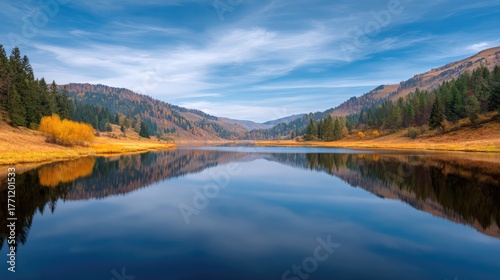 Serene Mountain Lake Reflection with Vibrant Fall Colors and Clear Blue Sky, Capturing Nature's Tranquility in a Picturesque Landscape Scene