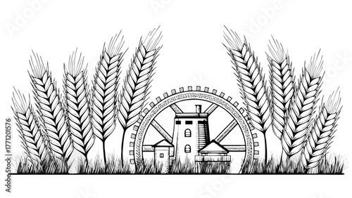 Enchanting antique windmill with wheat stalks evokes rural charm, perfect for agriculture, farming, and historical themes, ready for your creative project